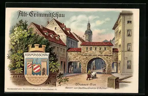 Lithographie Crimmitschau, Wasser-Tor und Wappen Krimpigschau - Karte zur Stadtrechtsfeier 1914