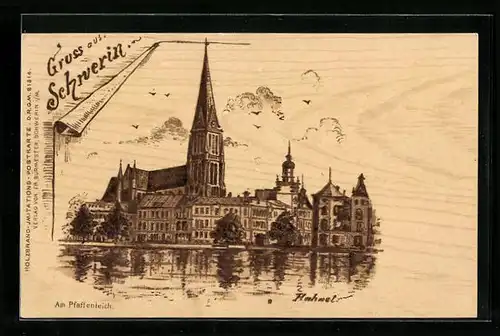 Holzbrand-Imitations-AK Schwerin, Am Pfaffenteich
