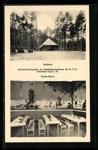 AK Graal i. M., Kinder-Erholungsheim der Betriebskrankenkasse der B. V. G., Spielplatz u. Kinder-Esssaal