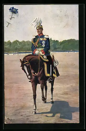 Künstler-AK Friedrich August II. von Sachsen in Galauniform mit Paradebusch zu Pferd
