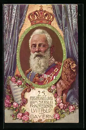 Künstler-AK 25. Regierungs-Jubiläum Prinzregent Luitpold, Bayr. Löwe, Krone