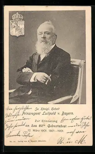 AK SKH Prinzregent Luitpold von Bayern im Anzug mit Zigarre, 80. Geburtstag 1901