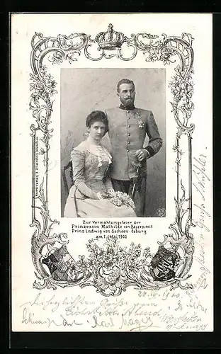 AK Zur Vermählungsfeier der Prinzessin Mathilde von Bayern mit Prinz Ludwig von Sachsen-Coburg, 1900