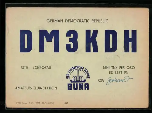 AK German Democratic Republic DM3KDH, Amateur-Club-Station, Radio, VEB Chemische Werke Buna