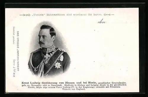 AK Portrait Ernst Ludwig Grossherzog von Hessen und bei Rhein