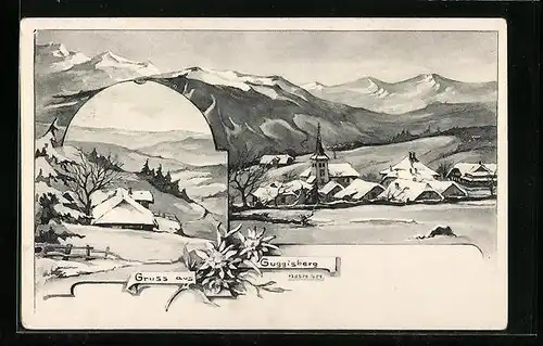 Künstler-AK Guggisberg, Teilansicht im Winter
