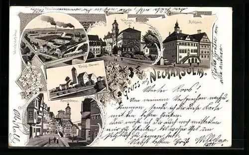 Lithographie Neckarsulm, Rathaus, Katholische Kirche, Fahrräderfabrik