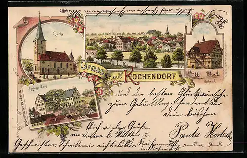 Lithographie Kochendorf, Zwingenberg, Kirche, Rathaus