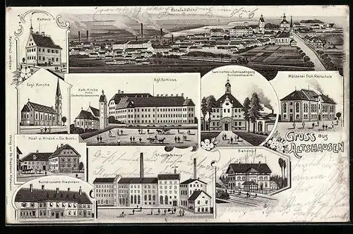 Lithographie Altshausen, Ortsansicht, Rathaus, Evgl. Kirche, Kgl. Schloss