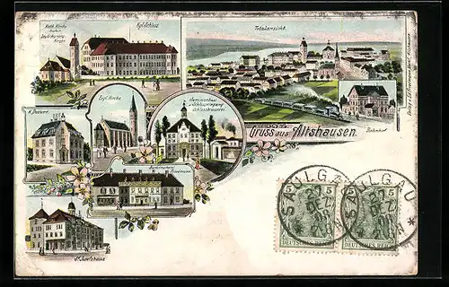 Lithographie Altshausen, Ortsansicht, Kgl. Schloss, Bahnhof