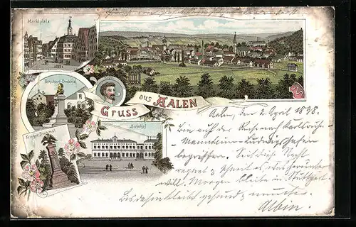 Lithographie Aalen, Ortsansicht, Marktplatz, Schubart-Denkmal, Bahnhof
