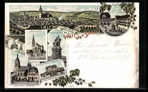 Lithographie Weil der Stadt, Ortsansicht, Gasthaus z. Post u. Rathaus, Stadtkirche u. Apotheke