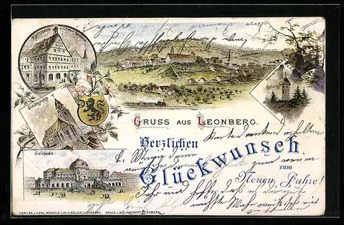 Lithographie Leonberg, Ortsansicht, Rathaus, Stadtkirche, Solitude