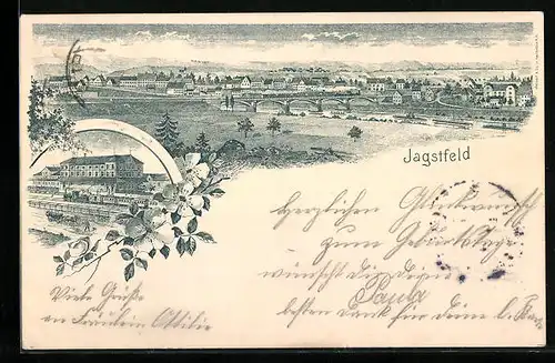 Lithographie Jagstfeld, Totalansicht, Eisenbahn