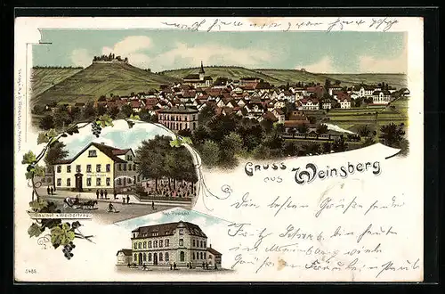 Lithographie Weinsberg, Totalansicht, Gasthof z. Weibertreu, Postamt