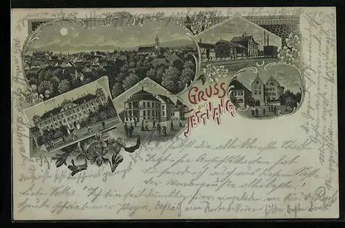 Mondschein-Lithographie Tettnang, Schloss, Bahnhof, Thor