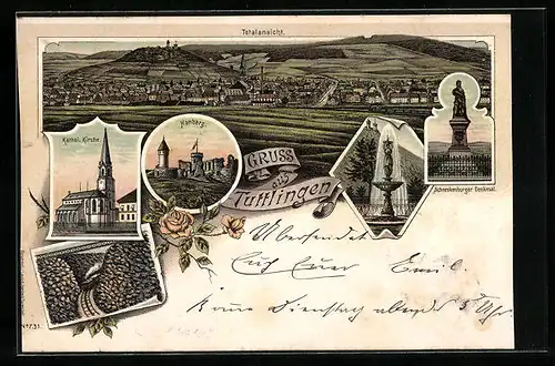 Lithographie Tuttlingen, Katholische Kirche, Honberg, Schneckenburger Denkmal