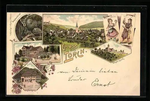 Lithographie Lorch, Gasthof zur Harmonie, Kloster Lorch, Schillerhaus
