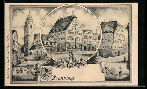 Künstler-AK Leonberg, Rathaus mit Brunnen, Stadtkirche, Landtagsgebäude