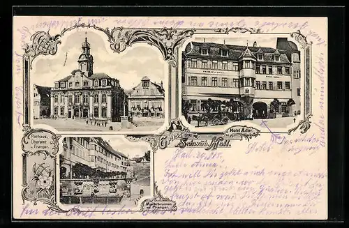 AK Schwäb. Hall, Hotel Adler, Rathaus mit Oberamt und Pranger, Marktbrunnen