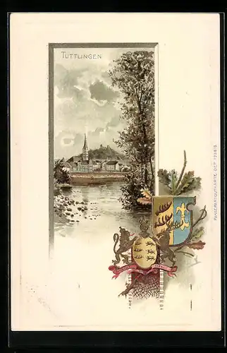 Passepartout-Lithographie Tuttlingen, Uferpartie mit Baum, Wappen