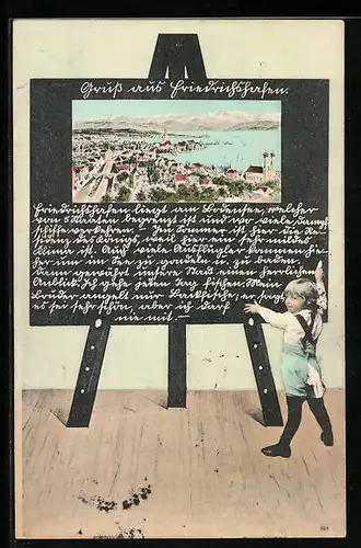 Schultafel-AK Friedrichshafen, Teilansicht mit Strassenpartie