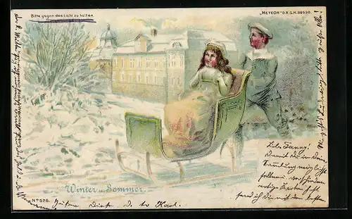 Lithographie Paar im Schlitten im Winter, Ziegengespann im Sommer, Halt gegen das Licht