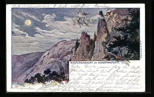 Mondschein-AK Schwenke Ser. 3 Nr. 6: Walpurgisnacht am Hexentanzplatz, Berggesichter