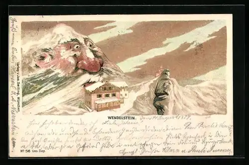 Lithographie Seiling Nr. 56, Wanderer am Haus auf dem Wendelstein im Winter, Berg mit Gesicht / Berggesichter
