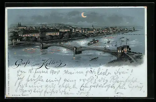 Mondschein-Lithographie Koblenz, Panorama mit Brücke, Halt gegen das Licht