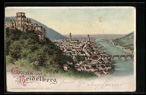 Mondschein-Lithographie Heidelberg, Ortsansicht mit Burg, Flusss und Brücke, Halt gegen das Licht