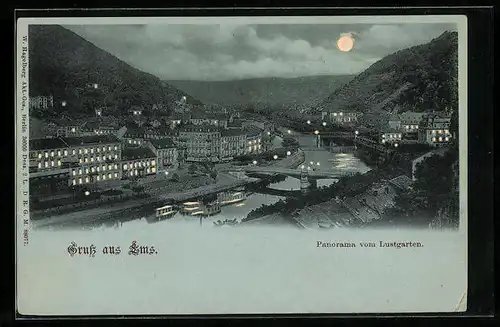 Mondschein-Lithographie Ems, Panorama vom Lustgarten, Halt gegen das Licht