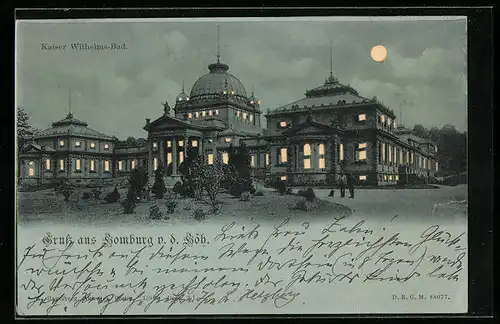 Mondschein-Lithographie Homburg v. d. H., Kaiser-Wilhelms-Bad mit Anlage, Halt gegen das Licht
