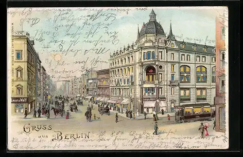 Lithographie Berlin, Ecke Friedrich- und Leipzigerstrasse mit Strassenbahn, Halt gegen das Licht