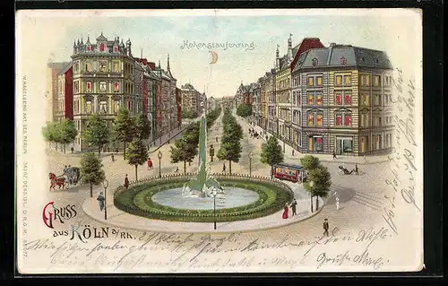 Mondschein-Lithographie Köln /Rh., Hohenstaufenring mit Brunnenanlage, Halt gegen das Licht