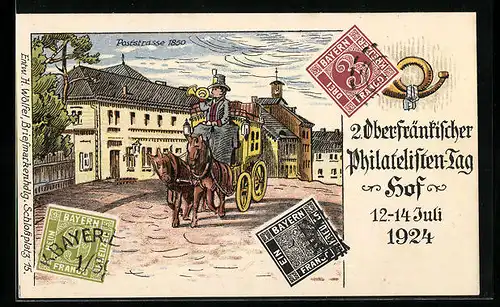 Künstler-AK Hof, Oberfränkischer Philatelisten-Tag 1924, Poststrasse im Jahr 1850 mit Postillon und Postkutsche