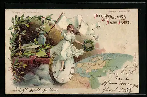 Lithographie Frau mit weisser Fahne, Lorbeerkranz und Uhr auf Weltkugel, Neujahrsgruss, Halt gegen das Licht