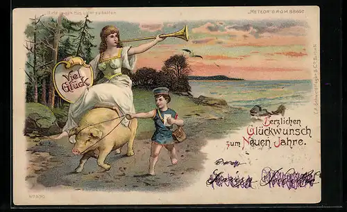 Lithographie Fanfarenbläserin, Schwein und kleiner Briefträger, Halt gegen das Licht