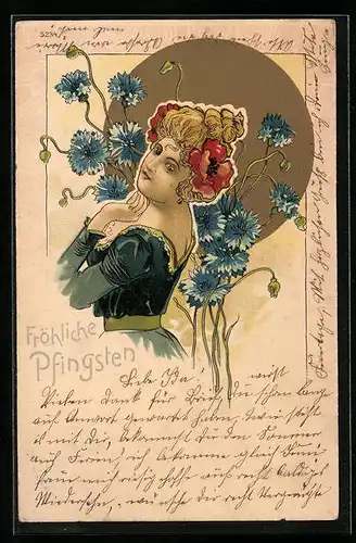 Lithographie Elegante Dame mit Mohnblumen im Haar und Kornblumenstrauss, Jugendstil