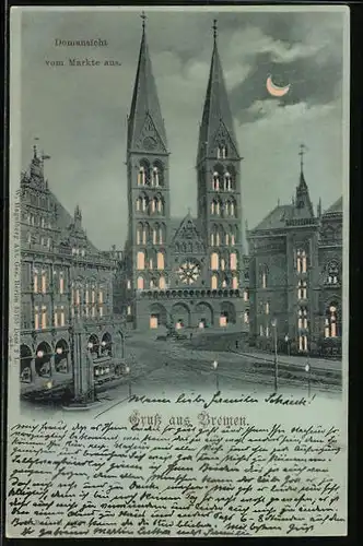 Mondschein-AK Bremen, Domansicht vom Markte aus, Halt gegen das Licht