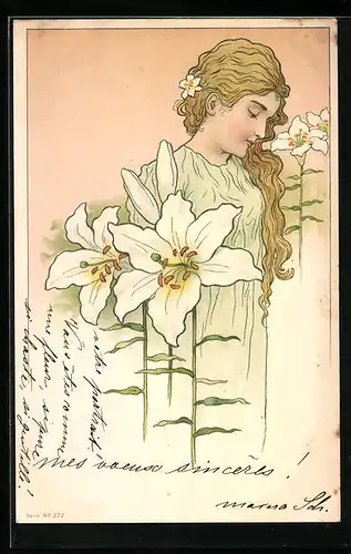 Künstler-AK Zierliche Dame mit Blume im Haar, Jugendstil