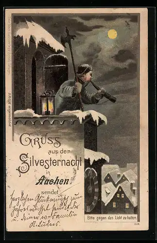 Lithographie Aachen, Nachtwächter in der Silvesternacht, Halt gegen das Licht: Prosit Neujahr