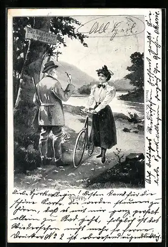 Lithographie Ertappt, Förster weist eine Fahrradfahrerin auf ein Verbotsschild hin