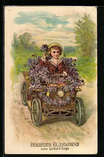 Künstler-AK Knabe im mit Veilchen geschmückten Auto