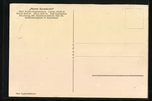 AK Schnelldampfer Monte Sarmiento in Küstennähe, Passagierschiff