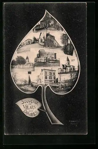 AK Villars-les-Dombes, Kirche, Burg und Strassenpartie im Blatt, Passepartout