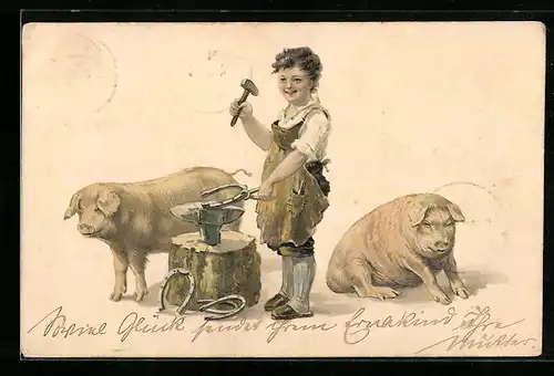 AK Neujahrsgruss, Schmied, Schweine, Hufeisen