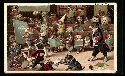 Künstler-AK Hundewelpe karikatiert den Lehrer, vermenschlichte Tiere