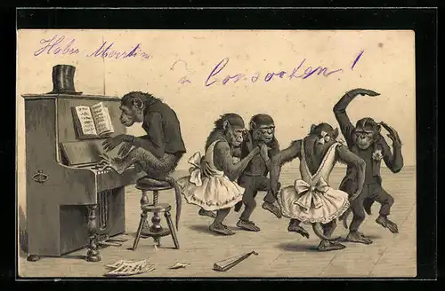 AK Vermenschlichte Tiere, Affen tanzen zur Klaviermusik