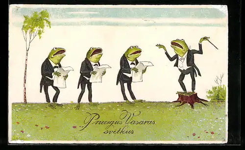 AK Pfingsten, Frösche beim Gesang, vermenschlichte Tiere